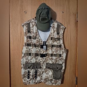 Soldier costume. Vest, hat, dog tags, and star/eagle pins